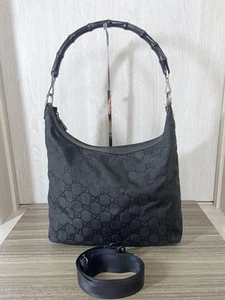 Gucci Bamboo Leather Nylon GG Tote Bag Black 2Way Shoulder Handbag Excellent - Picture 1 of 20