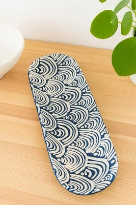 Short Stories China 1990s Stoneware Ceramic Navy White Serving Tray, 14x4.75x1.5 - Image 1 of 4