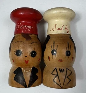 Salty Peppy Vintage Mid Century Wooden Salt Pepper Shakers Japan Wood 5’’ Tall - Picture 1 of 6