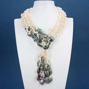 49'' 3 Strands Natural White Pearl Green Abalone Shell Necklace Handmade Gifts - Picture 1 of 6