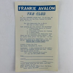 Frankie Avalon Fan Club Order Form Vintage Membership Form RARE - Picture 1 of 4
