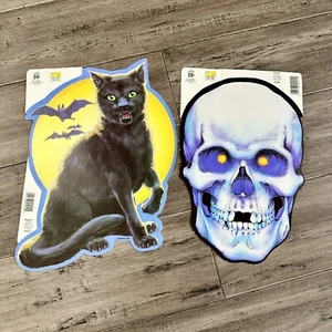 2 New Vtg Eureka Black Cat Full Moon Bats Skull Halloween Die Cut Decoration NOS - Picture 1 of 5