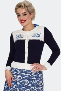 Retro Vintage Blue Nautical Wave Style Embroidery Cardigan - Picture 1 of 5