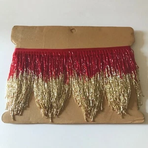 5yd Bolt 6" RED/GOLD Glass BUGLE Bead Beaded Fringe CHEVRON Lamp Costume Trim - Picture 1 of 2