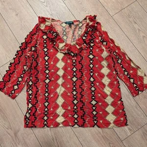 Ralph Lauren Plus 3X Red Print Ruffled V Neck Peasant Top Shirt Boho Hippie - Picture 1 of 3