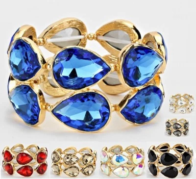 Crystal Rhinestone Evening Wedding Bracelet Bangle Stretch Teardrop Statement - Image 1 of 3