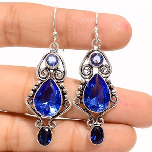 Tanzanite Blue Topaz Gemstone 925 Silver Handmade Dangle Earrings 2.1" ARE-3986 - Picture 1 of 3
