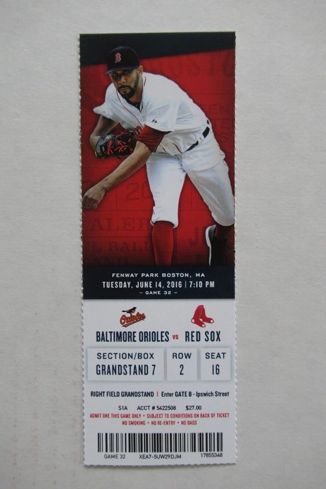 BOSTON RED SOX VS ORIOLES 6/14/2016 FULL TICKET ~ MACHADO/SCHOOP/BRADLEY JR. HRs - Image 1 of 1