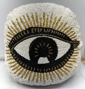 Black Eye HALLOWEEN BEADED PILLOW 14" x 14" White Black New NWT - Picture 1 of 6