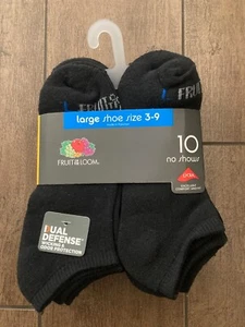 Fruit of the Loom Youth Dual Defense 10 Pairs of Socks NO SHOWS - BLACK (S,M,L) - Picture 1 of 6