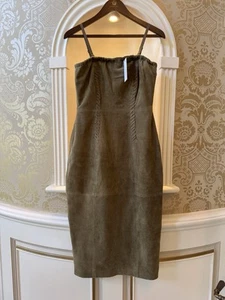 BNWT Karen Millen Real Suede Leather Dress Olive Green 6 XS Whipstitch Bandeau - Picture 1 of 12