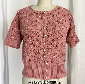 Cardigan vintage Marisa Christina donna P S maglione lavorato a mano uncinetto perline - Foto 1 di 5