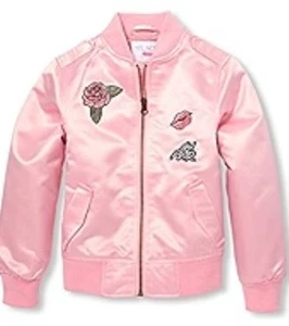 Children’s Place Girl’s Pink Satin Bomber Jacket Girl Power Rose Sz S 5/6 - Picture 1 of 13