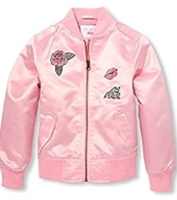 Children’s Place Girl’s Pink Satin Bomber Jacket Girl Power Rose Sz S 5/6 - Image 1 of 4