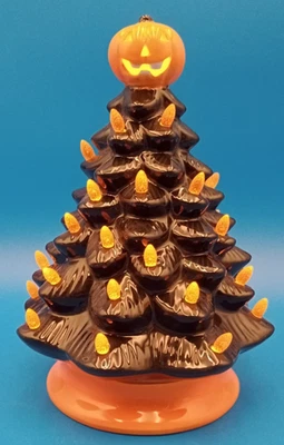 10" Pre-Lit Halloween Tree Ceramic Tabletop Decor with Lights Pumpkin Star Top - Image 1 of 4