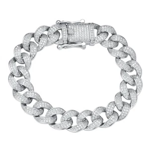 Hiphop 5A Zircon Miami Cuban Chain Bracelet for Men 925 Sterling Silver Gift - Picture 1 of 8