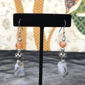Carnelian Agate Tribal Ethnic Long Dangle Earrings Silvertone Beads Fishhook - Picture 1 of 8