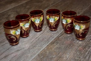 6 Bohemian Czech Glass Ruby Red Gold Overlay Blue Enameled Flower Shot Glasses - Picture 1 of 8