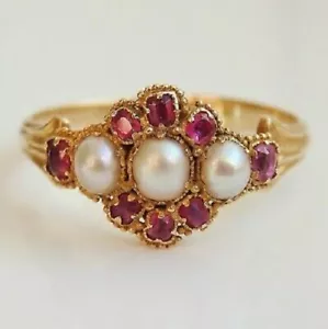 Stunning Antique Victorian 14k Gold Plated Lab Created Ruby & Pearl Cluster Ring - Picture 1 of 4