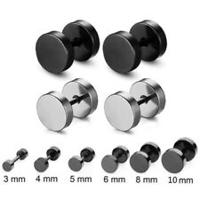 Pair Black Flat Round Barbell Plug Stud Earrings Stainless Steel Mens Gym 3-14MM