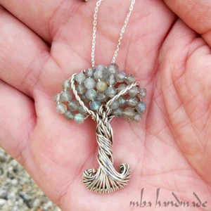 Labradorit Edelstein Lebensbaum Anhänger Sterling Silber Draht gewickelt Schmuck - Bild 1 von 3