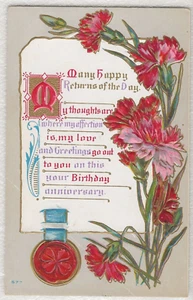 Vintage viele Happy Returns des Tages Geburtstag schöne vergoldete Blumen Postkarte - Bild 1 von 5