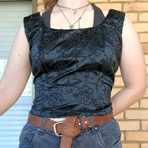 Vintage 90s Corset Bustier Top Black Floral Beaded Satin Fairy Goth Alt Size 16 - Picture 1 of 12