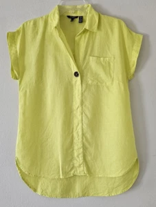 Ellen Tracy Womens Collared Short Sleeve Linen Shirt L Yellow Summer Fun Relaxed - Picture 1 of 9