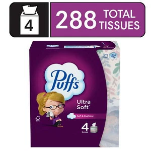 Puffs Ultra Soft Non-Lotion Facial Tissues, 4 Mega Cube Boxes, 72 Tissues /box - Picture 1 of 7