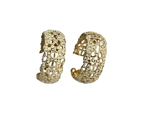 Vintage L.H. Segal Large Filigree Gold Tone & White Enamel Clip Hoop Earrings - Picture 1 of 7
