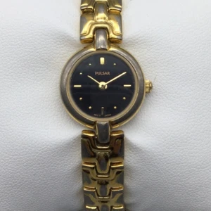 Vintage Pulsar Watch Women 19mm Gold Tone Black Dial V810-X009 New Battery 6.5" - Picture 1 of 13