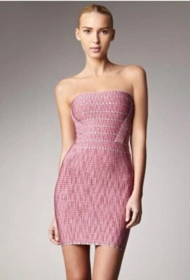 NEW!!! Herve Leger ALEXA Small Pink & Silver Gray Strapless Bondage Dress - Image 1 of 4
