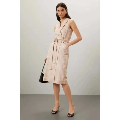 Vestido REISS Andie Neutro Rayas Lino Sin Mangas Pecho Cinturón Midi Talla EE. UU. 8 Foto 1 de 4