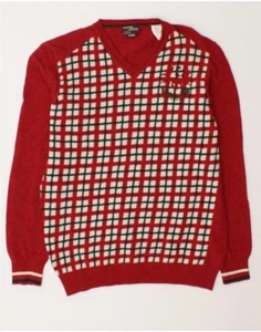 ENERGIE Mens V-Neck Jumper Sweater XL Red Check Wool BJ05 - Picture 1 of 3