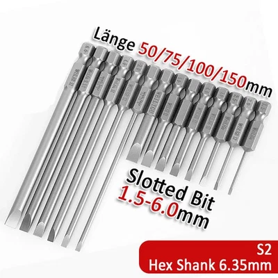 1.5mm-6mm Flat Slotted Head Screwdriver Bits Magnetic Long Power Drill Bit 1/4" - Image 1 of 4