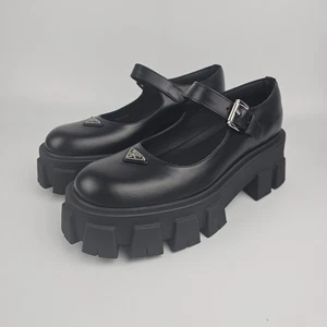 PRADA $1200 Black Brushed Leather Monolith Mary Janes New & Authentic - Picture 1 of 11