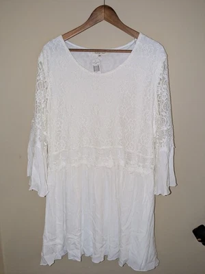 Indigo Soul Women's 2X Plus 2XL Tunic Dress White Lace Gauze Crochet Boho Flowy - Image 1 of 4
