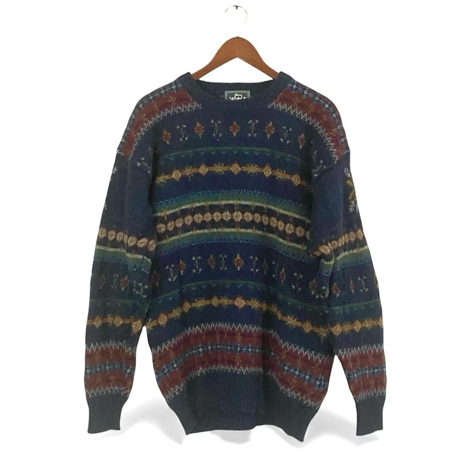 VTG 90s Handframed Woolrich 100% Wool Navy Multicolor Fair Isle Sweater Large - Image 1 of 4