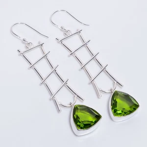 Peridot Gemstone Ethnic Style Handmade 925 Sterling Silver Earrings 3.1" c073 - Picture 1 of 5