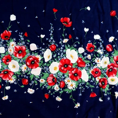 Vintage Cranston Cotton Border Fabric 44x46 Red Poppies on Navy Blue Floral - Image 1 of 4