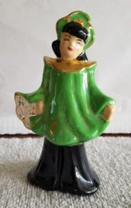Vintage Ceramic Asian Woman Figurine / Green, Black & Gold / 7" Hand Painted - Picture 1 of 9