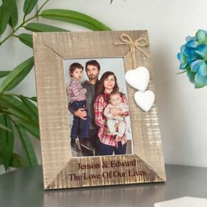 Personalised Engraved Wooden Picture Frame - 4x6 - Natural with White Hearts