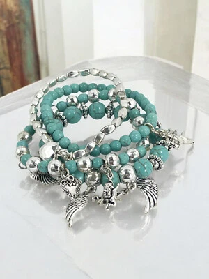 Pulsera apilada con cuentas con dijes de ángel, pulsera apilable multicapa de piedra azul Foto 1 de 4