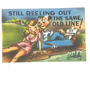 Metrocraft Comic Linen Postcard Humor Bud Dudley Fishing Sexy Woman Unposted - Picture 1 of 7