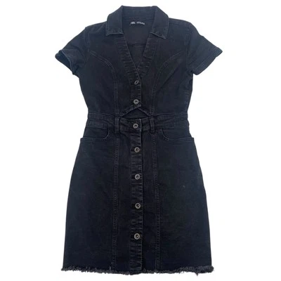 Zara Women Size Small Denim Mini Dress Button Up Short Sleeve Black Cutout - Image 1 of 4