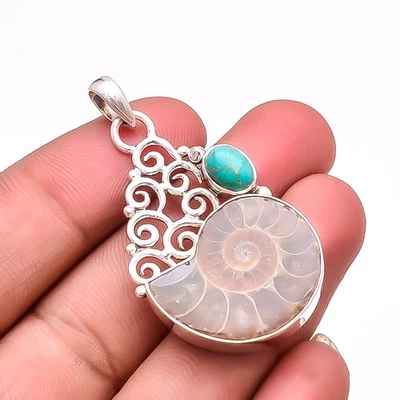 Amonita - Fósil y Cobre Azul Turquesa 925 Colgante Plata de Ley 1.95" P18 Foto 1 de 4