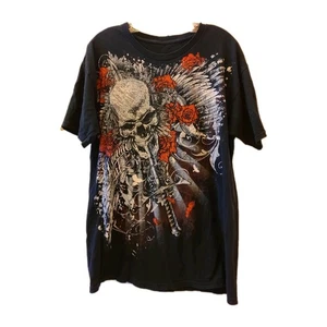Vintage Y2K Miami Ink Skull Rose Sward Wings Black T-Shirt Size Large Goth Rarität - Bild 1 von 7