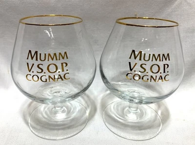 2 Vintage Mumm V.S.O.P. Cognac Brandy Snifter Glasses W/ Gold Rim Unused 4 1/2" - Image 1 of 2
