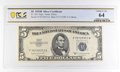 1953 B $5 Silver Certificate Fr#1657 Choice Unc 64 PCGS *2866 - Image 1 of 3