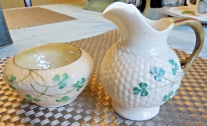 Crema y azucarero abierto Belleek Trébol Tejido de Cesta de Colección - Imagen 1 de 7